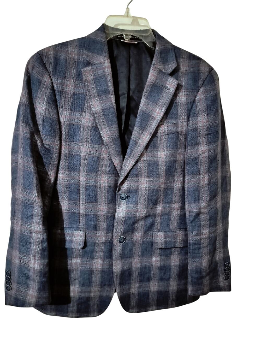 M1250) Tommy Hilfiger Men Blue Plaid Linen Two Button Sports Jacket Size 36S